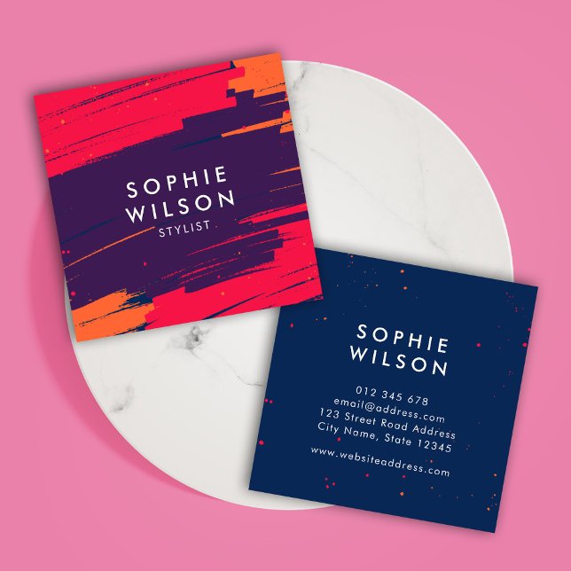 Cartão De Visita Quadrado Traços de Negrito Moderno Laranja Roxo-Rosa Vibran (Criador carregado)