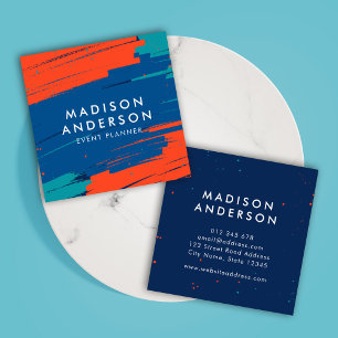 Cartão De Visita Quadrado Traços Negras Modernos de Cor Azul-Laranja Vibran