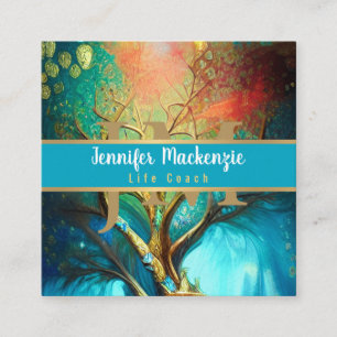Cartão De Visita Quadrado Treinador da vida Terapista Arco-íris Árvore da vi
