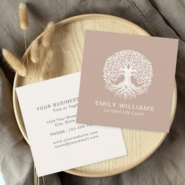 Cartão De Visita Quadrado Treinador do Tan Celtic Tree of Life (Criador carregado)