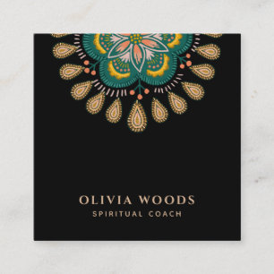 Cartão De Visita Quadrado Treinador Espiritual Mandala Elegante Verde Preto