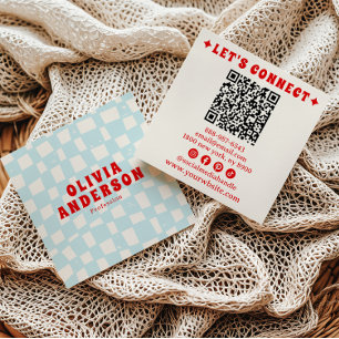 Cartão De Visita Quadrado Trendência Verificada com Código QR do Groovy Azul