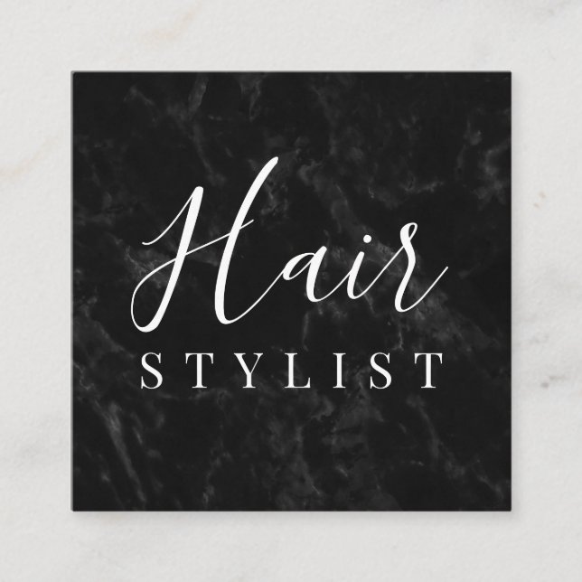 Cartão De Visita Quadrado Trendy black marble hair stylist assinatura de scr (Frente)