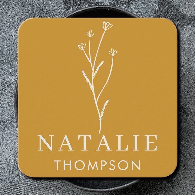 Cartão De Visita Quadrado Trendy Boho Chic Minimalist Mostard Amarelo (Criador carregado)