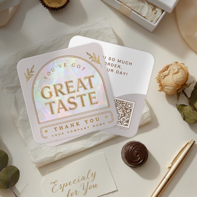 Cartão De Visita Quadrado Trendy Chic Holographic Aura Arch Beige Thank you (Trendy Chic Holographic Aura Arch Beige Thank you Square Business Card)