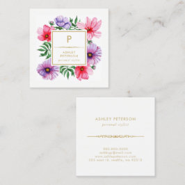 Cartão De Visita Quadrado Trendy Cute Watercolor Dourada Flores Rosa Monogra