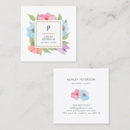Cartão De Visita Quadrado Trendy Cute Watercolor Pink Flores Douradas Monogr