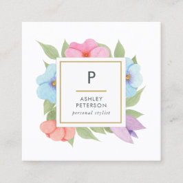 Cartão De Visita Quadrado Trendy Cute Watercolor Pink Flores Douradas Monogr