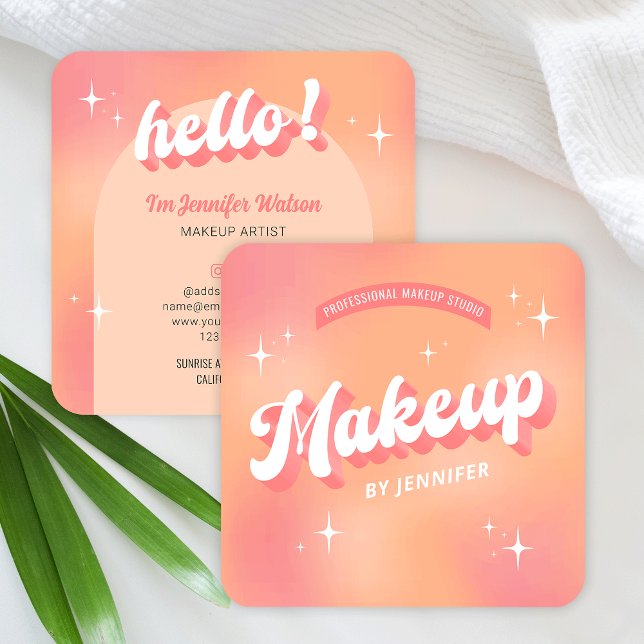 Cartão De Visita Quadrado Trendy Makeup Artist Girly Retro Peach Beauty (Modern makeup artist business cards featuring retro style groovy fonts and pastel peach hues)
