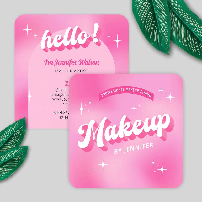 Cartão De Visita Quadrado Trendy Makeup Artist Rosa Girly Groovy Beauty (Modern groovy makeup artist business cards featuring retro fonts, girly pink hues and trendy design)