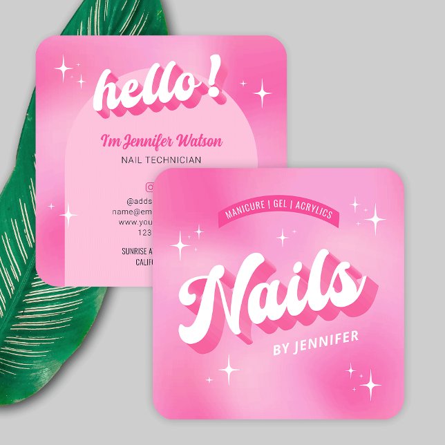 Cartão De Visita Quadrado Trendy Nail Artist Girly Pink Groovy Unhas Salon (Modern retro nails artist business cards in girly pink featuring groovy fonts)