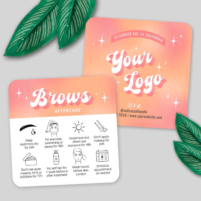 Cartão De Visita Quadrado Trendy Peach Retro Groovy Brows After Care Cards (Eyebrows aftercare instructions cards in trendy groovy style with your logo and custom text)