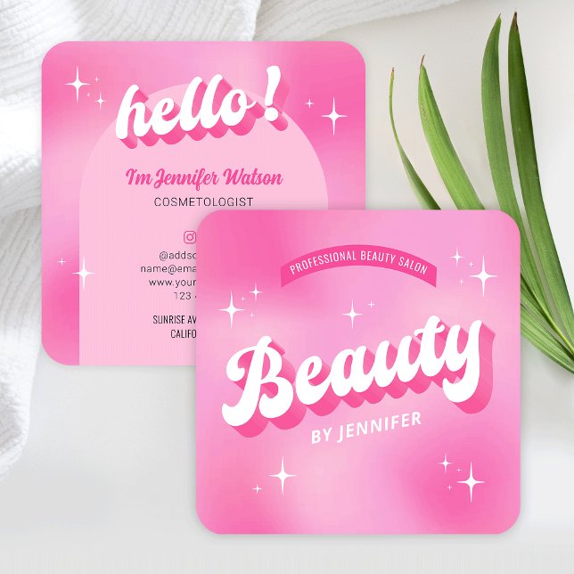 Cartão De Visita Quadrado Trendy Pink Beauty Salon Retro Girly Groovy Lashes (Girly beautician business cards in pink, featuring retro nostalgia style fonts and groovy design)