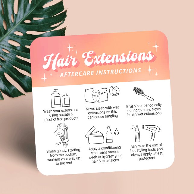 Cartão De Visita Quadrado Trendy Retro Peach Logo Hair Extensions Aftercare (Hair extensions aftercare instructions cards in trendy groovy style with your logo and custom text)