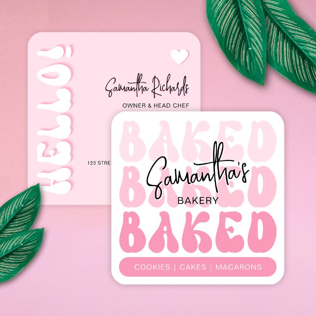 Cartão De Visita Quadrado Trendy Retro Pink Bakery Pastelaria (Bakery business cards in retro pink design with nostalgic fonts, girly colors and modern layout)