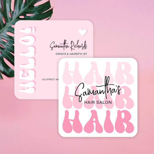 Cartão De Visita Quadrado Trendy Retro Pink Hair Stylist Salon Chic Modern (Trendy hair stylist business cards with retro fonts and modern pink aesthetic)