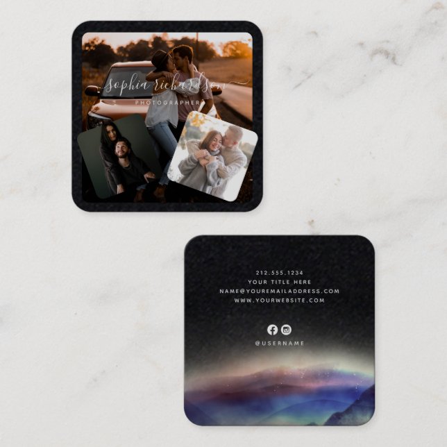 Cartão De Visita Quadrado Três fotos Premium, em preto e branco (Frente/Verso)