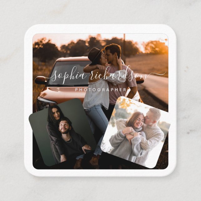 Cartão De Visita Quadrado Três fotos, preto e branco, assinatura casual (Frente)