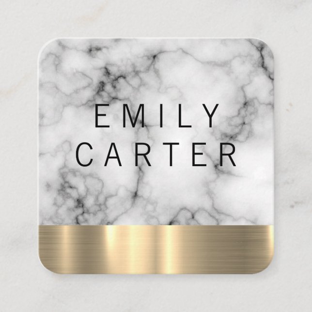 Cartão De Visita Quadrado Trilha Dourada de metal de textura mármore (Frente)