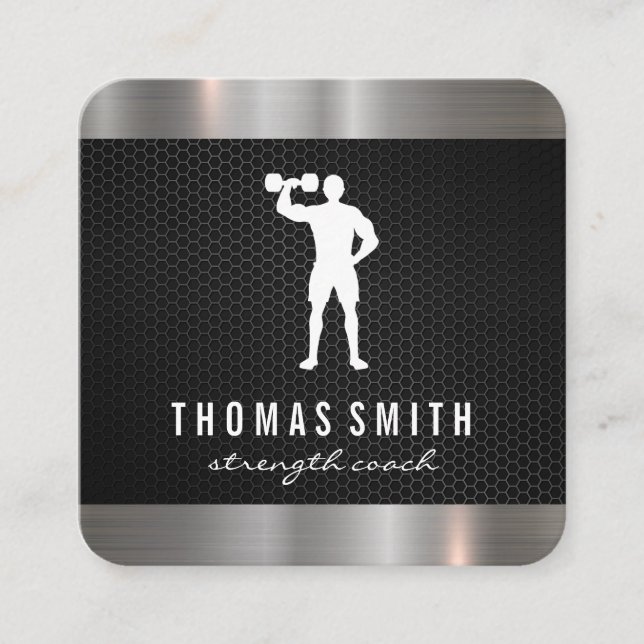 Cartão De Visita Quadrado Trim. Metálico do Treinador Pessoal (Frente)