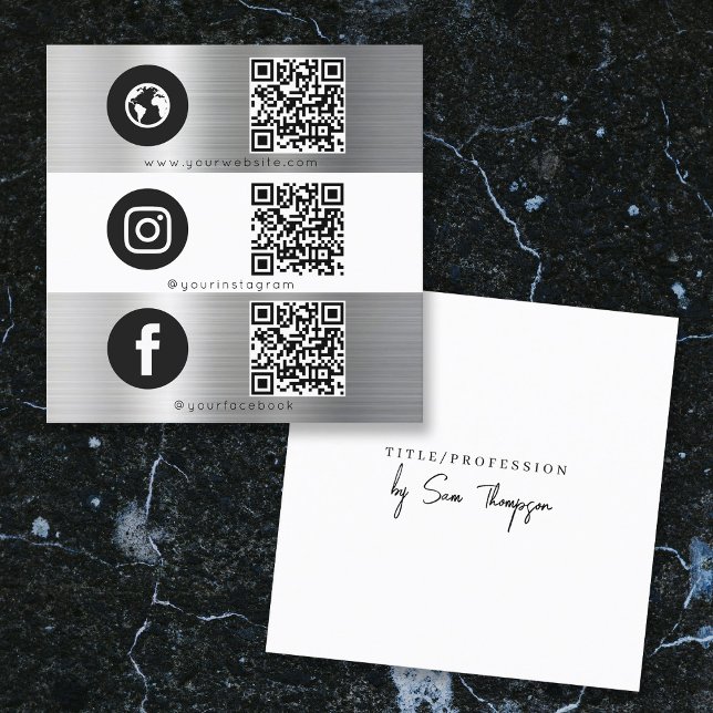 Cartão De Visita Quadrado Triplo ícone QR Code Social Media Silver Metal (Triple Icon QR Code Social Media Silver Metal Square Business Card)