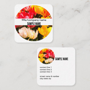 Cartão De Visita Quadrado tulipas vermelhas brilhantes e amarelas design flo