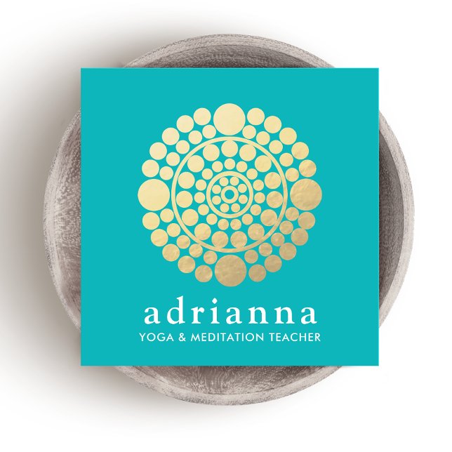 Cartão De Visita Quadrado Turquesa de Mandala, Círculo Dourado Moderno (Criador carregado)