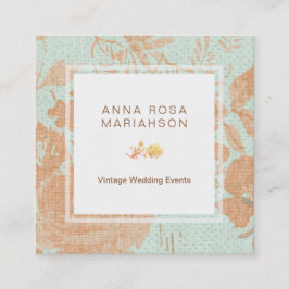 Cartão De Visita Quadrado Turquesa floral de bronze Dourado de linho do