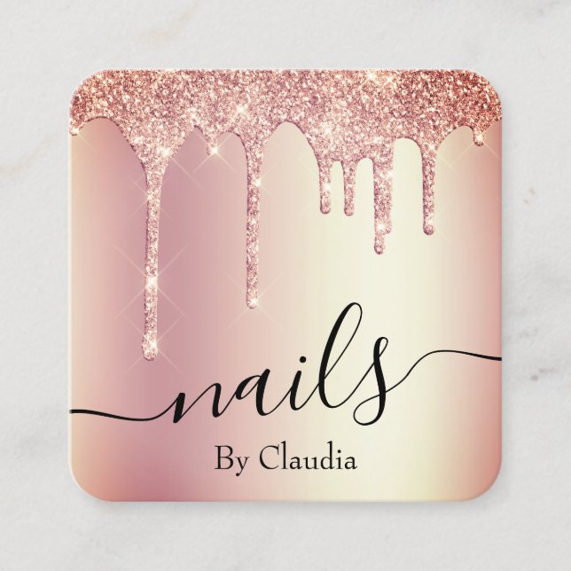 Cartão De Visita Quadrado unhas de brilho dourado de rosa na moda de Elegant (Frente)