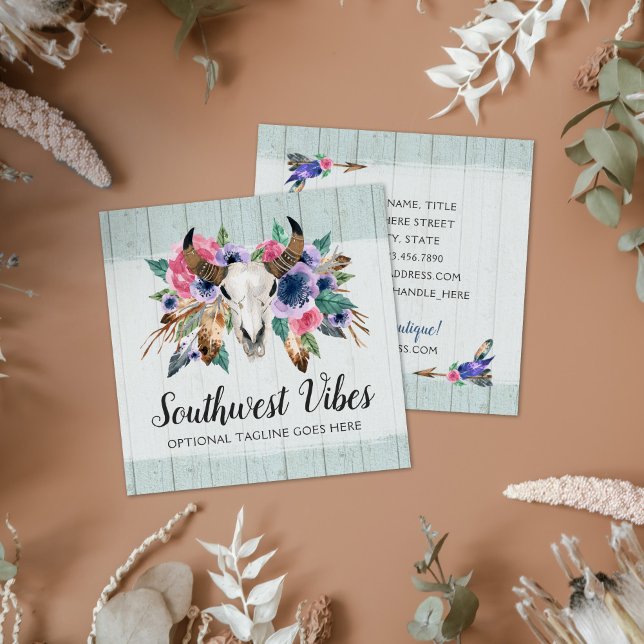 Cartão De Visita Quadrado Vaca Floral Russa Crânio Aquarela Madeira Boho Chi (Criador carregado)