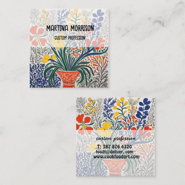 Cartão De Visita Quadrado Vase e Flores Selvagens (Frente/Verso)
