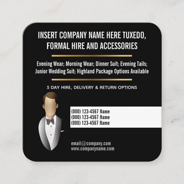 Cartão De Visita Quadrado Venda personalizada de fato formal Tuxedo (Frente)