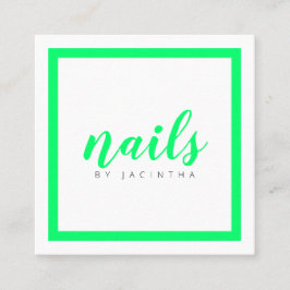 Cartão De Visita Quadrado Verde Brilhante Neon Modern Nail Technician Salon