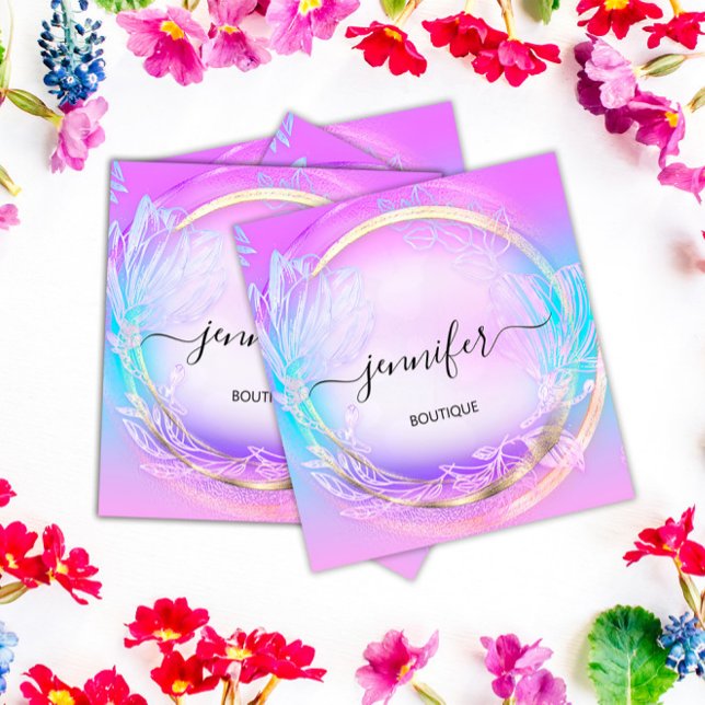 Cartão De Visita Quadrado Verde Floral QRCode Professional Compro Rosa Azul (Green Floral QRCode Professional Shop Pink Blue Square Business Card)