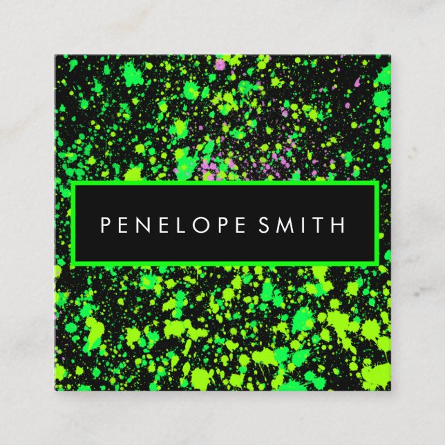Cartão De Visita Quadrado Verde sobre o Splatter de Pintura Preta   (Frente)
