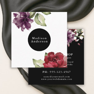 Cartão De Visita Quadrado Vermelho Elegante e Plum Watercolor Floral