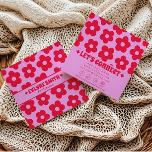 Cartão De Visita Quadrado Vermelho Retro Rosa Floral Groovy Boho Feminino Te