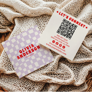Cartão De Visita Quadrado Vermelho Roxo Retro Código QR Groovy Verificado Bo