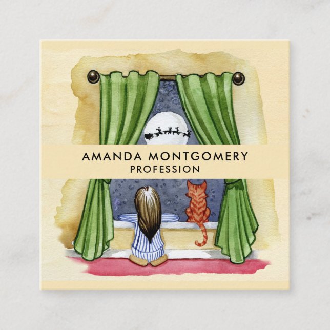 Cartão De Visita Quadrado Véspera de Natal Cama Cóta Criança e Gatinho (Frente)