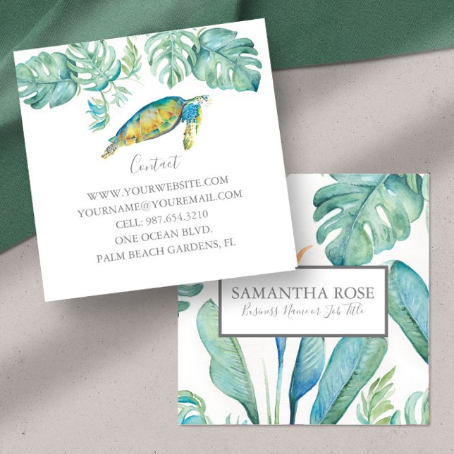 Cartão De Visita Quadrado Vidro Tropical (template business cards tropical watercolor sea turtle and palm leaves Do Tell A Belle)