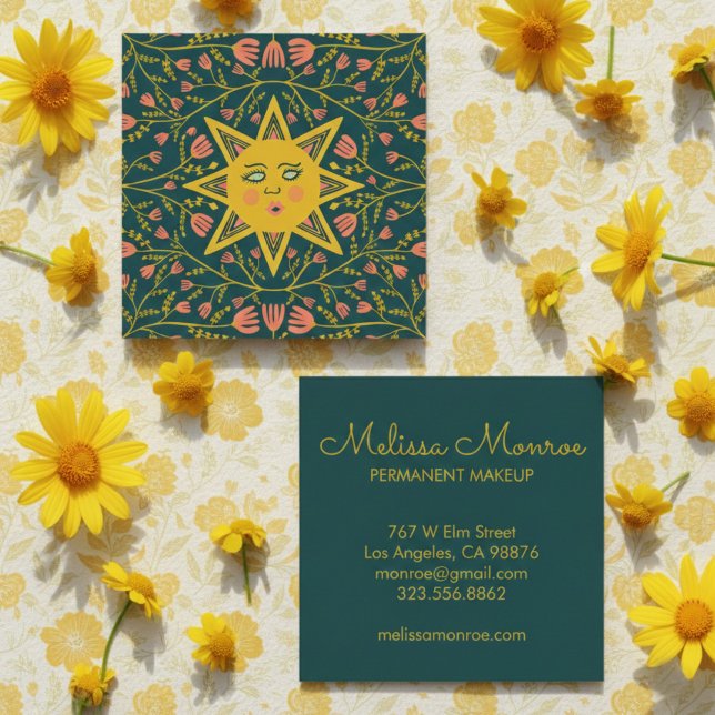 Cartão De Visita Quadrado Vinhas Sol e Flores Elegante Boho (Sun & Flowering Vines Elegant Boho Square Business Card
)