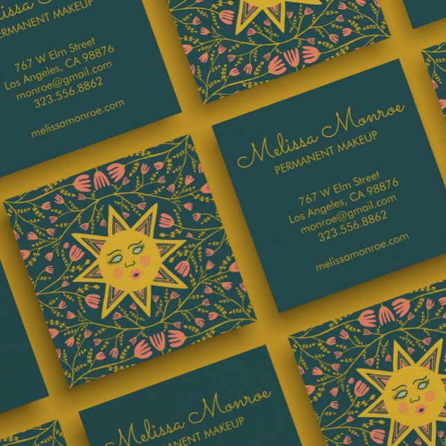 Cartão De Visita Quadrado Vinhas Sol e Flores Elegante Boho (Criador carregado)