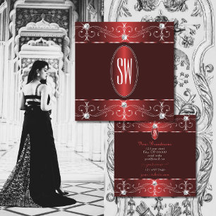 Cartão De Visita Quadrado Vinho Chic Red Burgundy Ornament Monograma