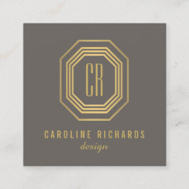 Cartão De Visita Quadrado Vintage Art Deco Monograma Dourado/Cinza