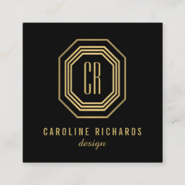 Cartão De Visita Quadrado Vintage Art Deco Monograma Dourado/Preto