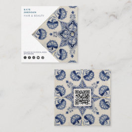 Cartão De Visita Quadrado Vintage Blue White Flower Código QR