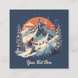 Cartão De Visita Quadrado Vintage Mountain Pine Skiing Laranja Sunset