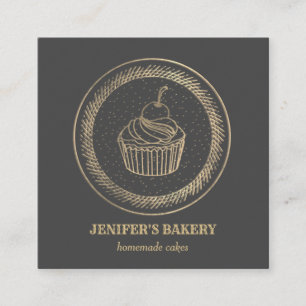 Cartão De Visita Quadrado Vintage, padaria de cupcake de folha de ouro moder