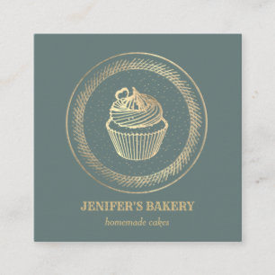 Cartão De Visita Quadrado Vintage, padaria de cupcake de folha de ouro moder