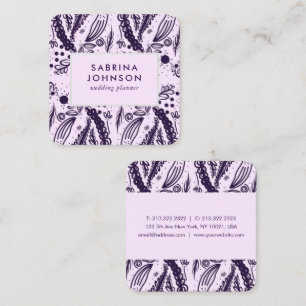 Cartão De Visita Quadrado Violeta deixa flores bolinhas cor-de-rosa